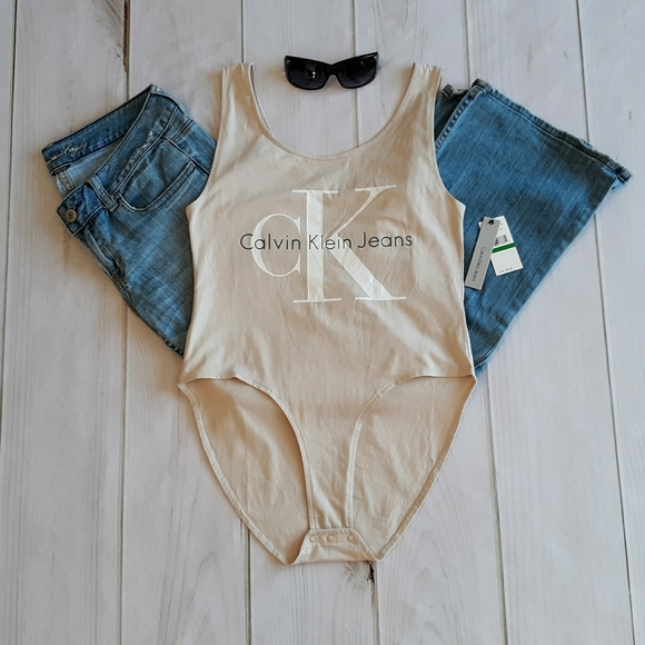 Calvin Klein Tops - Calvin Klein Jeans Tan Logo Sleeveless Bodysuit